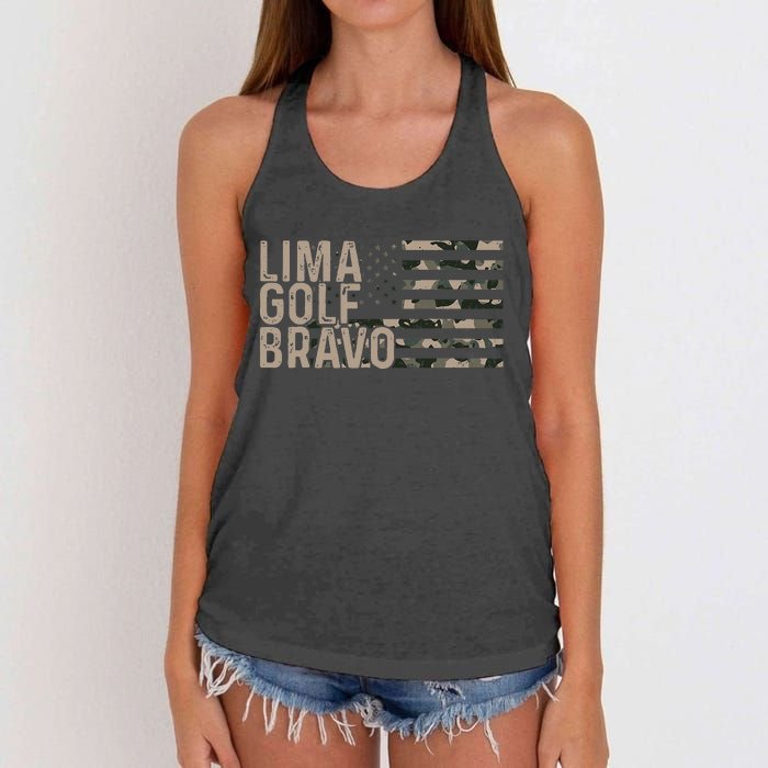 Lima Golf Bravo Lets Go Brandon Camouflage American US Flag Women's Knotted Racerback Tank