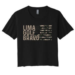 Lima Golf Bravo Lets Go Brandon Camouflage American US Flag Women's Crop Top Tee