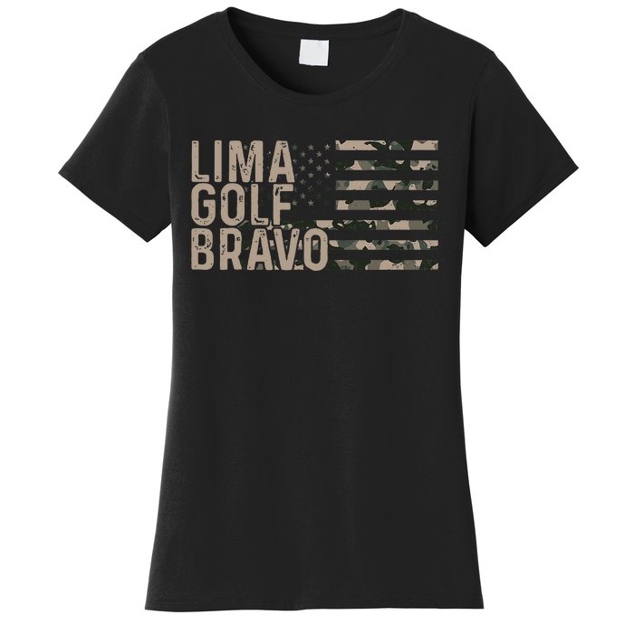 Lima Golf Bravo Lets Go Brandon Camouflage American US Flag Women's T-Shirt