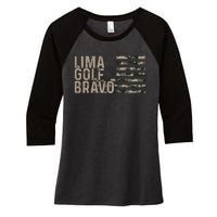 Lima Golf Bravo Lets Go Brandon Camouflage American US Flag Women's Tri-Blend 3/4-Sleeve Raglan Shirt