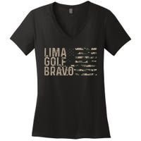 Lima Golf Bravo Lets Go Brandon Camouflage American US Flag Women's V-Neck T-Shirt