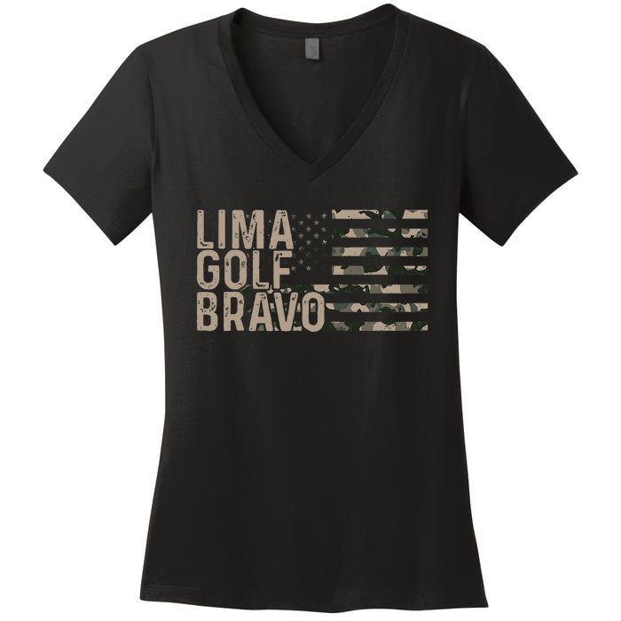 Lima Golf Bravo Lets Go Brandon Camouflage American US Flag Women's V-Neck T-Shirt