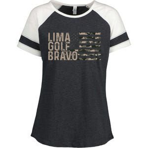 Lima Golf Bravo Lets Go Brandon Camouflage American US Flag Enza Ladies Jersey Colorblock Tee