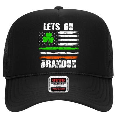 Lets Go Brandon St Patrick's Day Distressed America USA Flag Clover High Crown Mesh Back Trucker Hat