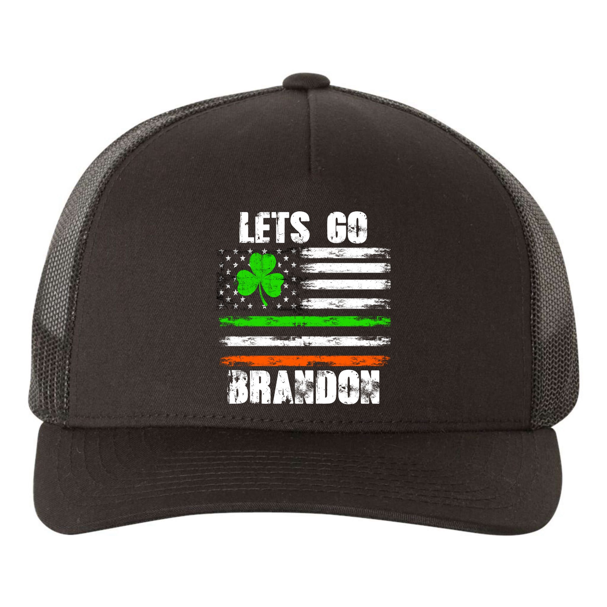 Lets Go Brandon St Patrick's Day Distressed America USA Flag Clover Yupoong Adult 5-Panel Trucker Hat
