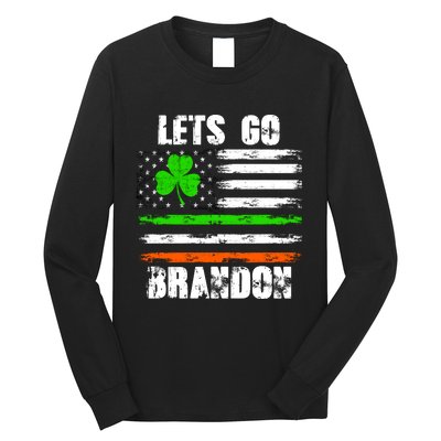 Lets Go Brandon St Patrick's Day Distressed America USA Flag Clover Long Sleeve Shirt