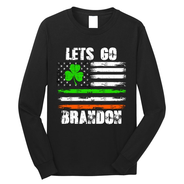 Lets Go Brandon St Patrick's Day Distressed America USA Flag Clover Long Sleeve Shirt