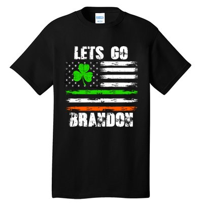 Lets Go Brandon St Patrick's Day Distressed America USA Flag Clover Tall T-Shirt