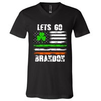 Lets Go Brandon St Patrick's Day Distressed America USA Flag Clover V-Neck T-Shirt