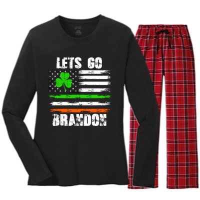 Lets Go Brandon St Patrick's Day Distressed America USA Flag Clover Women's Long Sleeve Flannel Pajama Set 