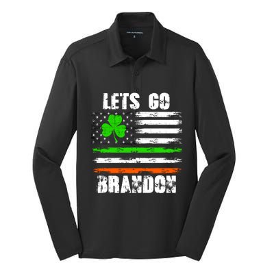 Lets Go Brandon St Patrick's Day Distressed America USA Flag Clover Silk Touch Performance Long Sleeve Polo