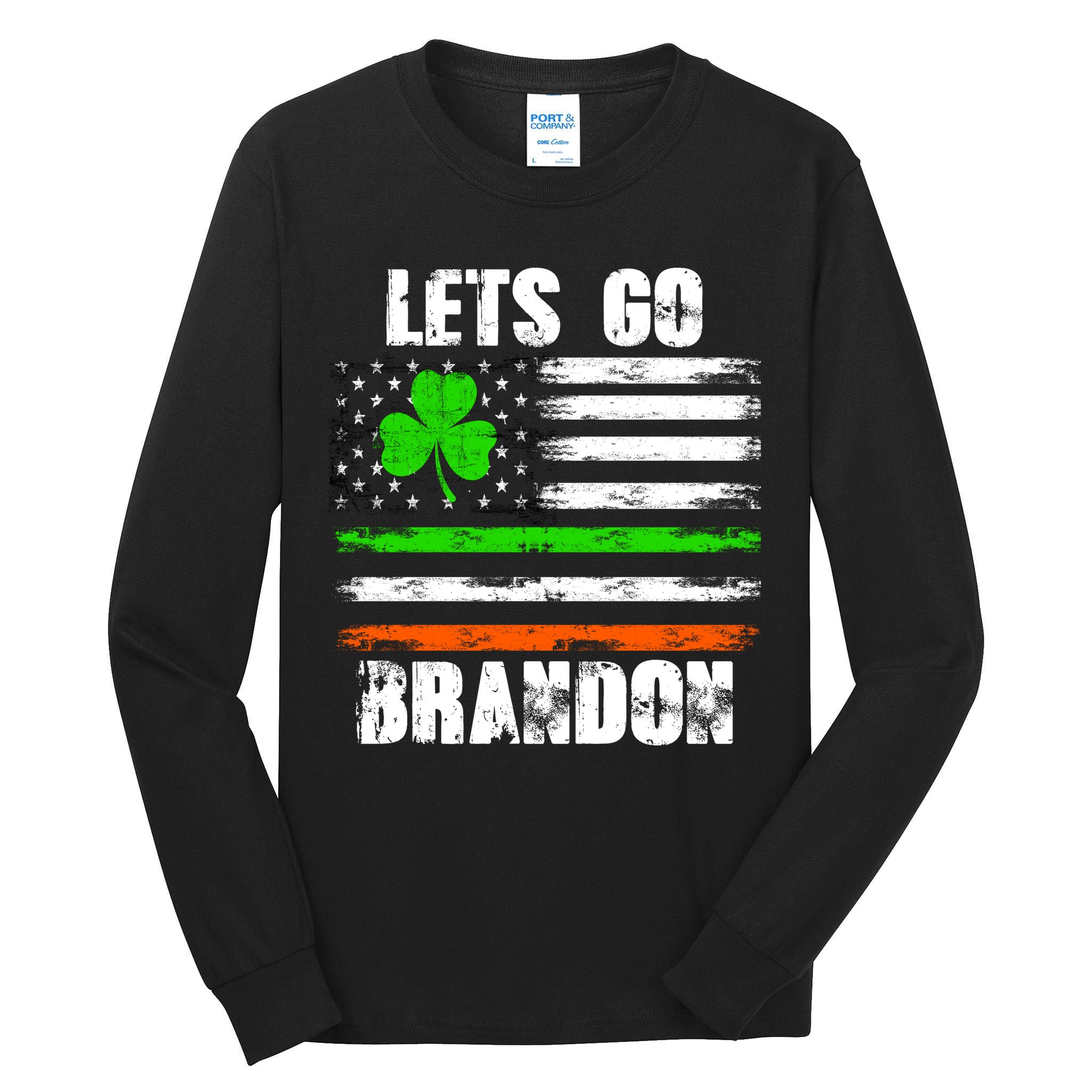Lets Go Brandon St Patrick's Day Distressed America USA Flag Clover Tall Long Sleeve T-Shirt