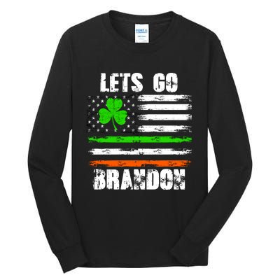 Lets Go Brandon St Patrick's Day Distressed America USA Flag Clover Tall Long Sleeve T-Shirt