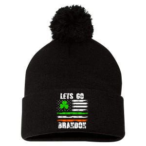 Lets Go Brandon St Patrick's Day Distressed America USA Flag Clover Pom Pom 12in Knit Beanie