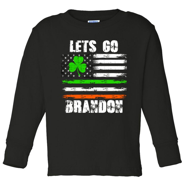 Lets Go Brandon St Patrick's Day Distressed America USA Flag Clover Toddler Long Sleeve Shirt