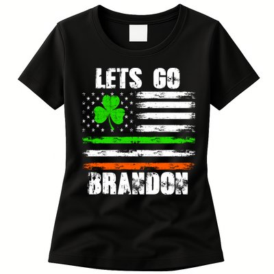 Lets Go Brandon St Patrick's Day Distressed America USA Flag Clover Womens T-Shirt