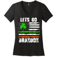 Lets Go Brandon St Patrick's Day Distressed America USA Flag Clover Women's V-Neck T-Shirt