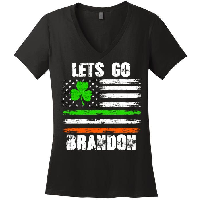 Lets Go Brandon St Patrick's Day Distressed America USA Flag Clover Women's V-Neck T-Shirt