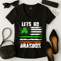 Lets Go Brandon St Patrick's Day Distressed America USA Flag Clover Women's V-Neck T-Shirt