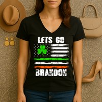 Lets Go Brandon St Patrick's Day Distressed America USA Flag Clover Women's V-Neck T-Shirt