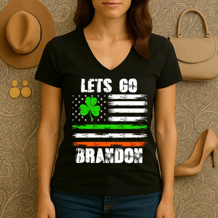 Lets Go Brandon St Patrick's Day Distressed America USA Flag Clover Women's V-Neck T-Shirt
