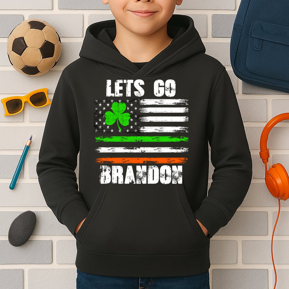 Lets Go Brandon St Patrick's Day Distressed America USA Flag Clover Kids Hoodie