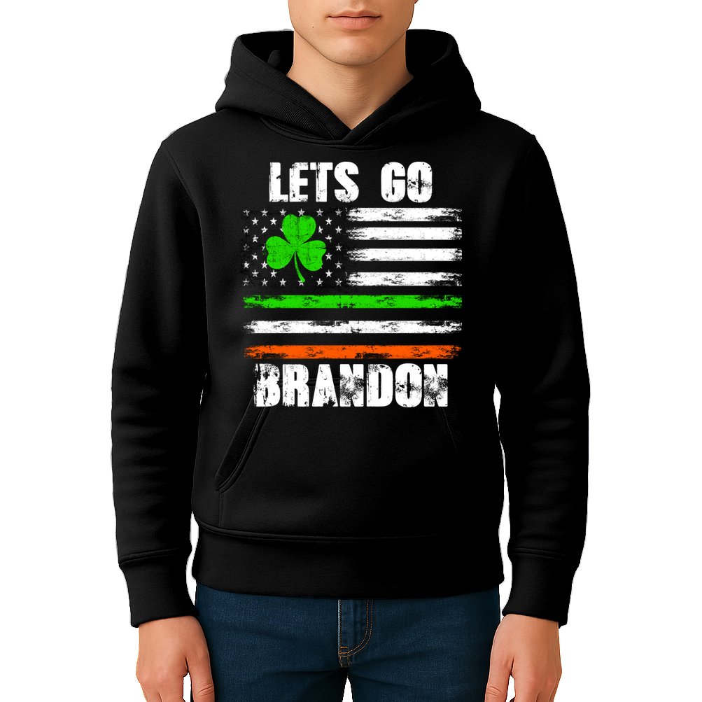 Lets Go Brandon St Patrick's Day Distressed America USA Flag Clover Kids Hoodie