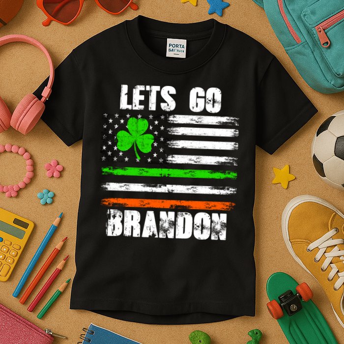 Lets Go Brandon St Patrick's Day Distressed America USA Flag Clover Kids T-Shirt