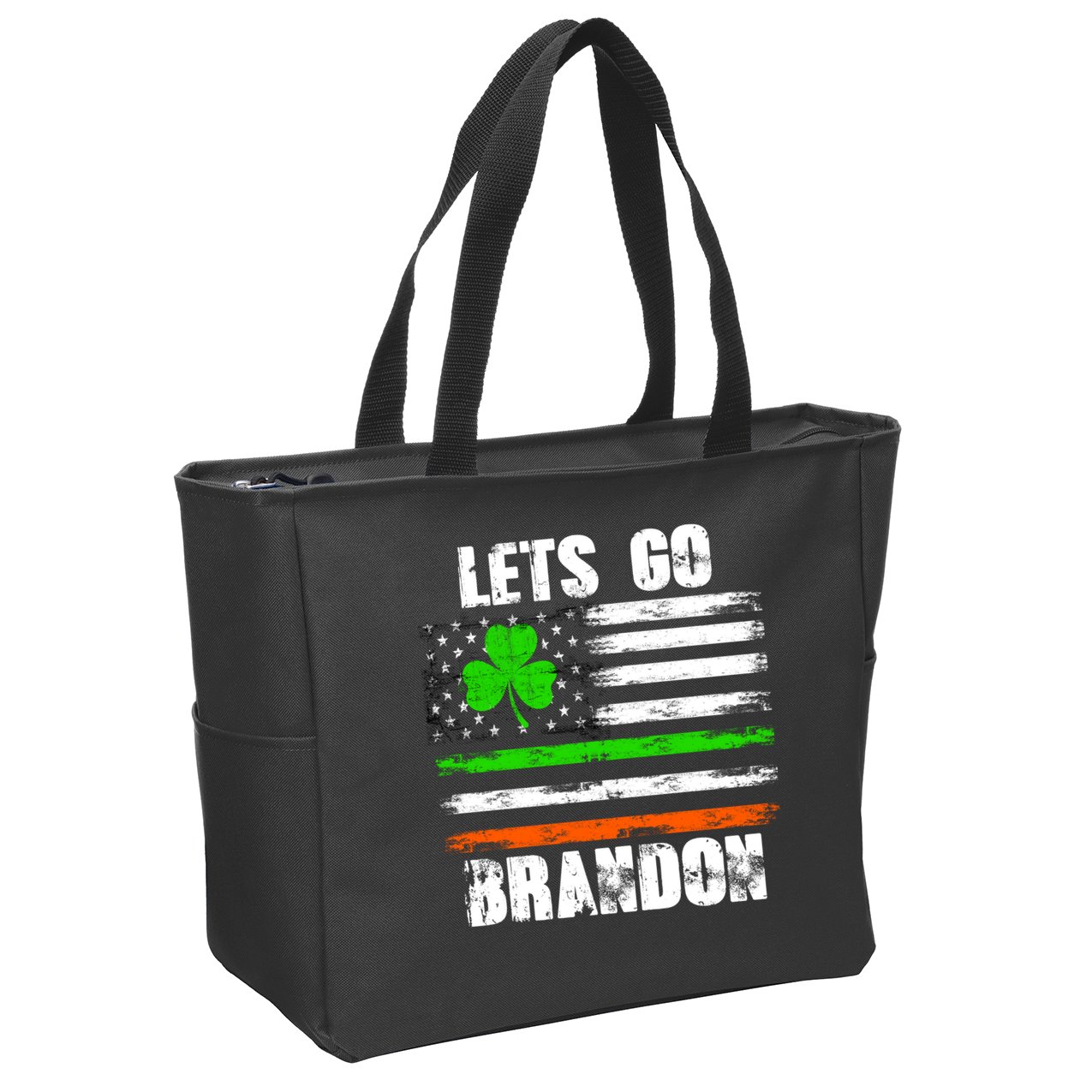 Lets Go Brandon St Patrick's Day Distressed America USA Flag Clover Zip Tote Bag