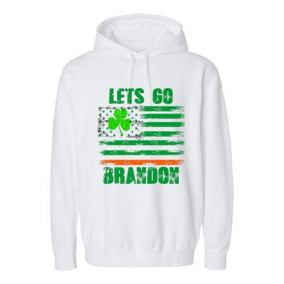 Lets Go Brandon St Patrick's Day Distressed America USA Flag Clover Garment-Dyed Fleece Hoodie