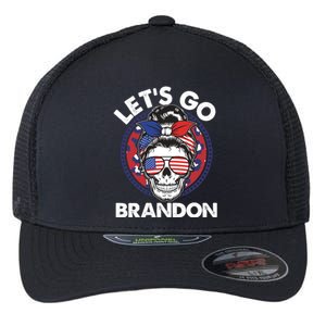 Let's Go Brandon American Flag Hairbun Skull Flexfit Unipanel Trucker Cap