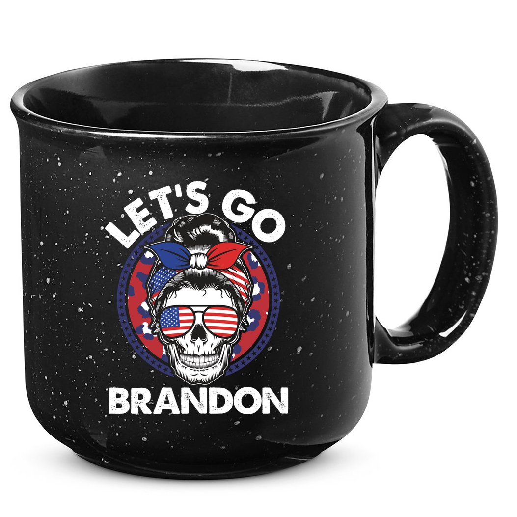Let's Go Brandon American Flag Hairbun Skull 15oz Campfire Ceramic Mug