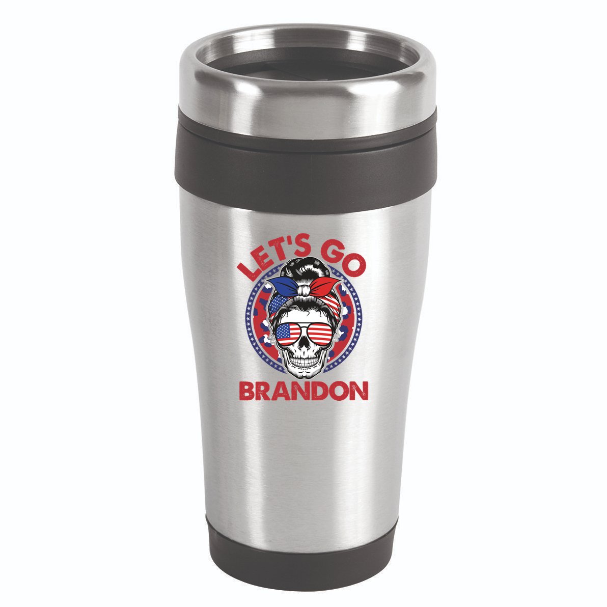 Let's Go Brandon American Flag Hairbun Skull 16oz Travel Tumbler