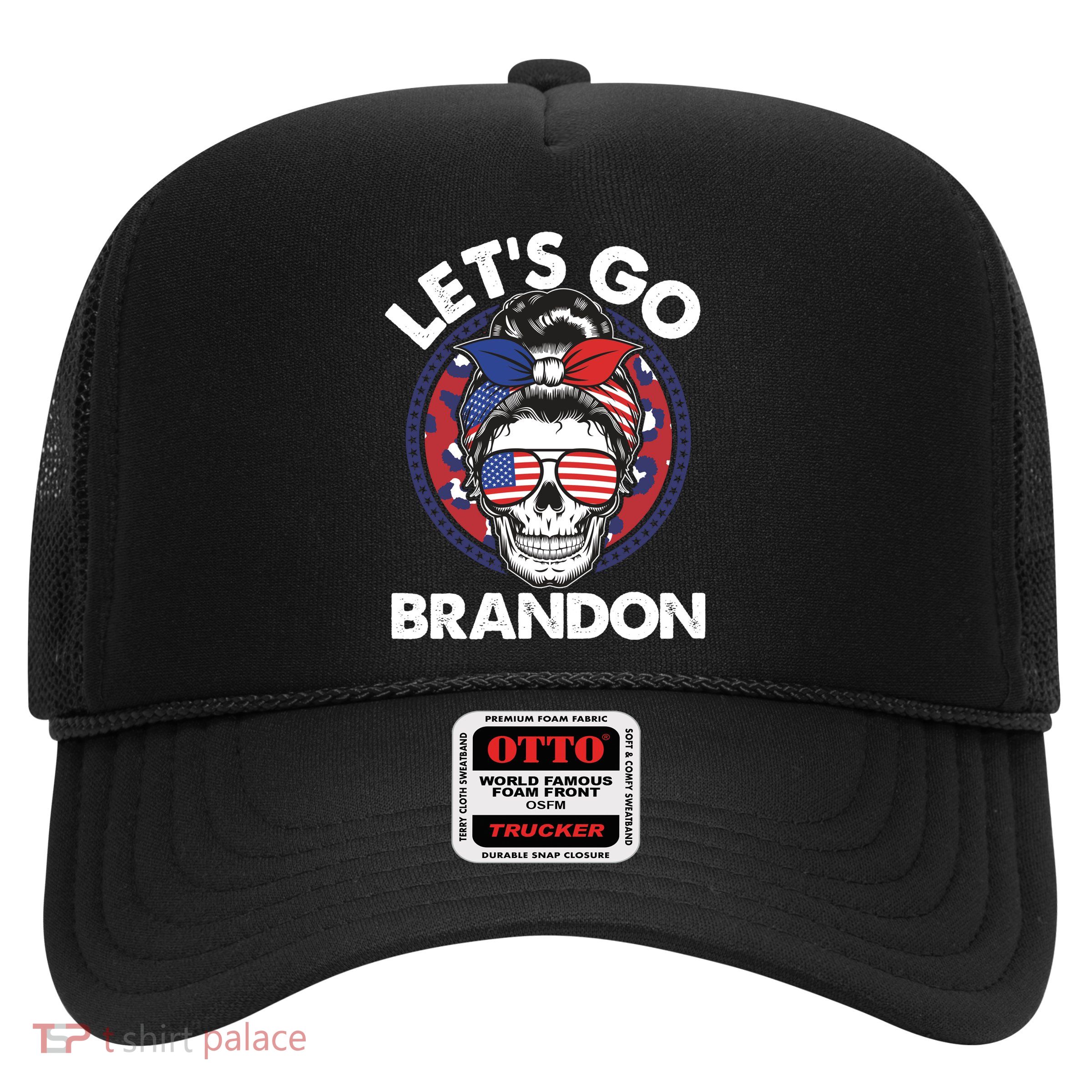 Let's Go Brandon American Flag Hairbun Skull Trucker Hat