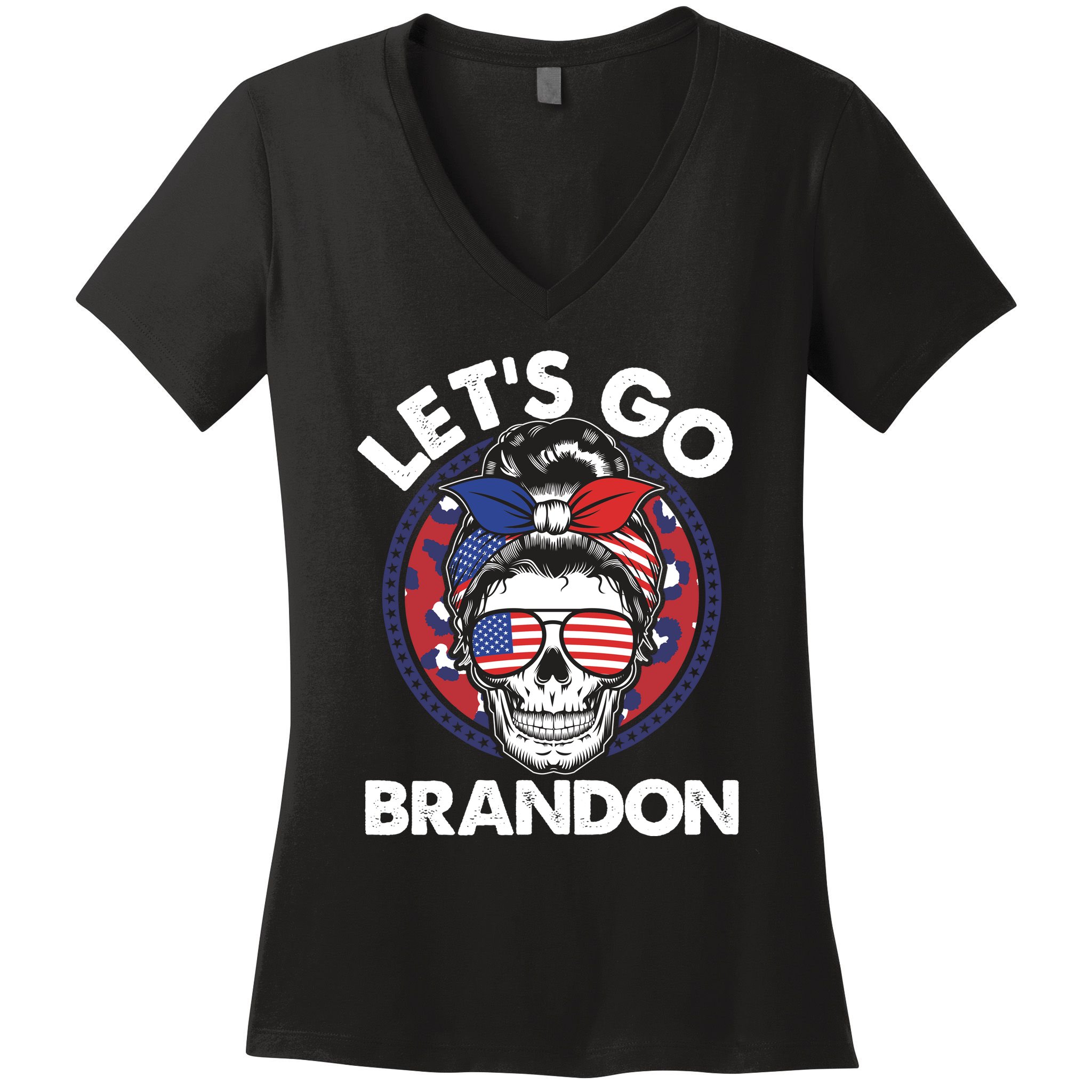 Let's Go Brandon American Flag Hairbun Skull Women's V-Neck T-Shirt