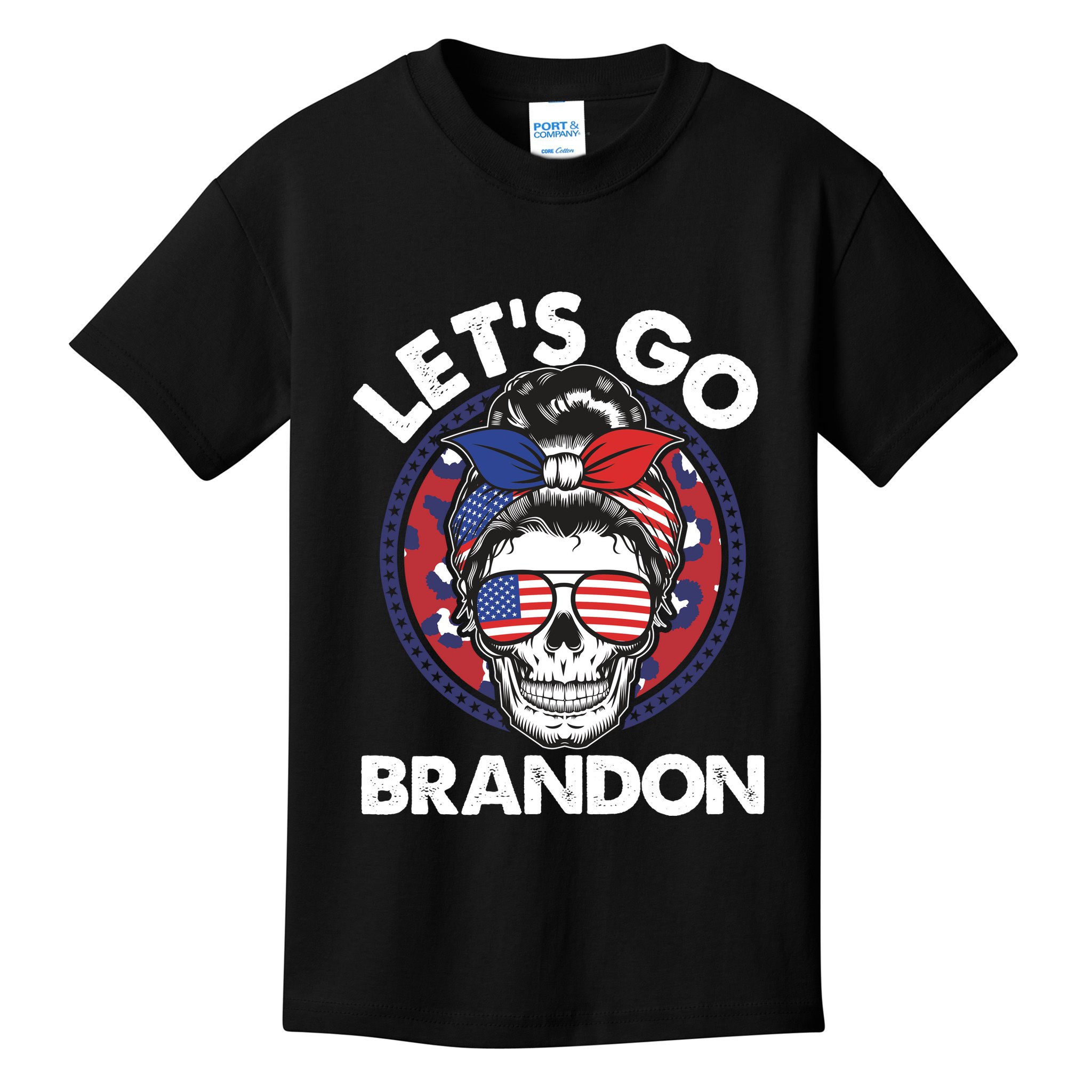 Let's Go Brandon American Flag Hairbun Skull Kids T-Shirt