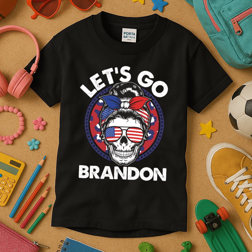 Let's Go Brandon American Flag Hairbun Skull Kids T-Shirt