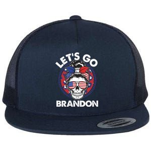 Let's Go Brandon American Flag Hairbun Skull Flat Bill Trucker Hat