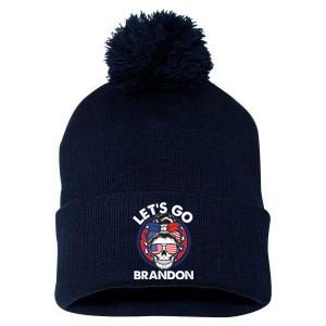 Let's Go Brandon American Flag Hairbun Skull Pom Pom 12in Knit Beanie