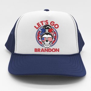 Let's Go Brandon American Flag Hairbun Skull Trucker Hat