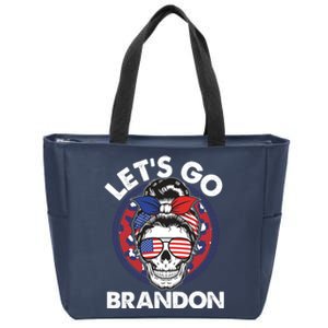 Let's Go Brandon American Flag Hairbun Skull Zip Tote Bag