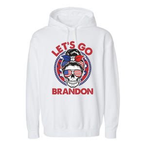 Let's Go Brandon American Flag Hairbun Skull Garment-Dyed Fleece Hoodie