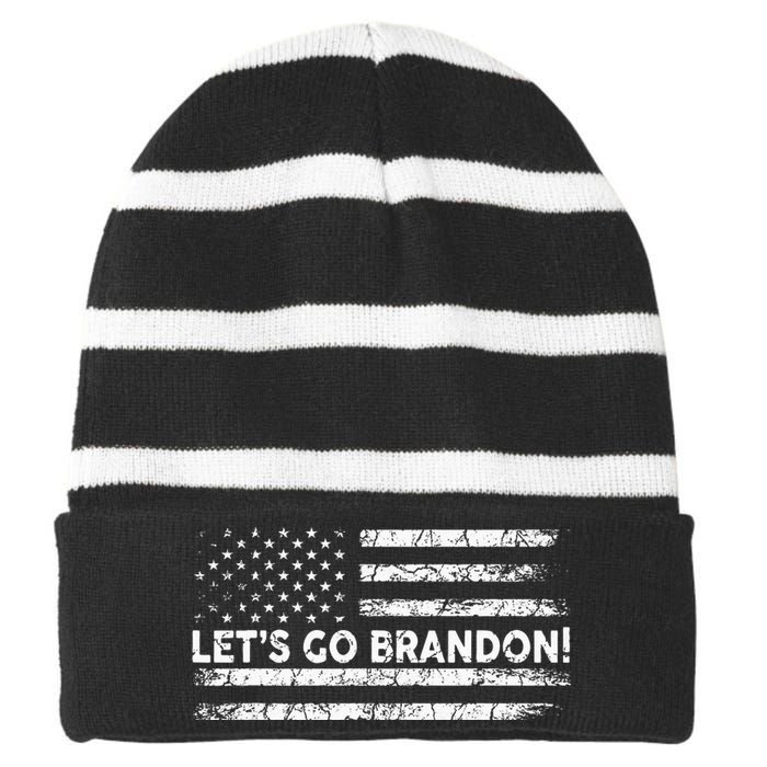 Lets Go Brandon Joe Biden Chant Impeach Biden USA Flag Striped Beanie with Solid Band