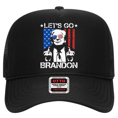 Lets Go Brandon Trump Middle Finger Flag High Crown Mesh Back Trucker Hat