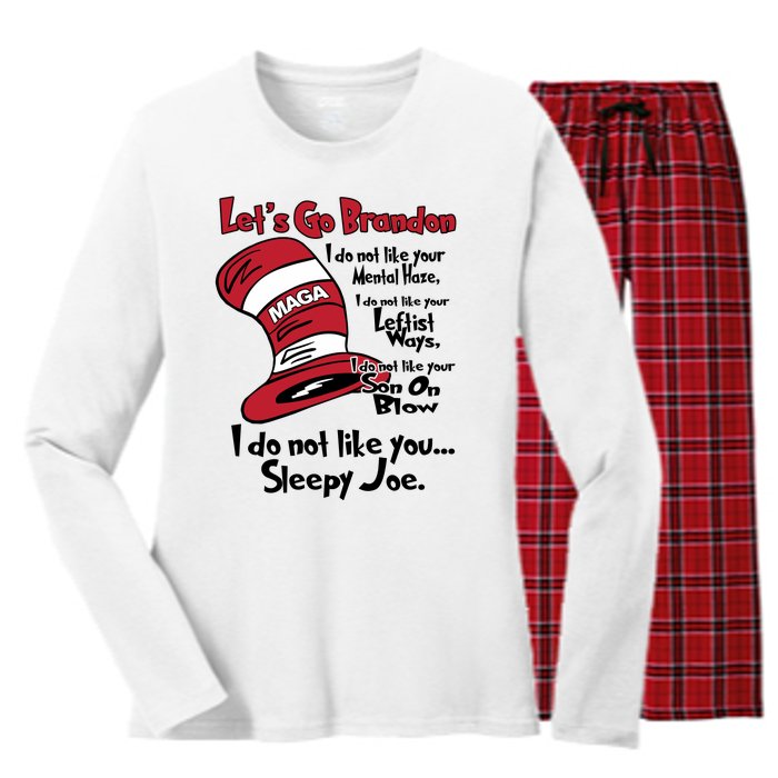 Lets Go Brandon Cat In The Hat Funny Maga Women's Long Sleeve Flannel Pajama Set 