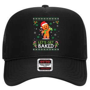 Lets Get Baked Ugly Sweater Weed Christmas Xmas Marijuana High Crown Mesh Back Trucker Hat