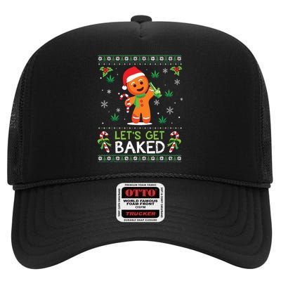 Lets Get Baked Ugly Sweater Weed Christmas Xmas Marijuana High Crown Mesh Back Trucker Hat