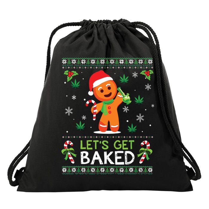 Lets Get Baked Ugly Sweater Weed Christmas Xmas Marijuana Drawstring Bag