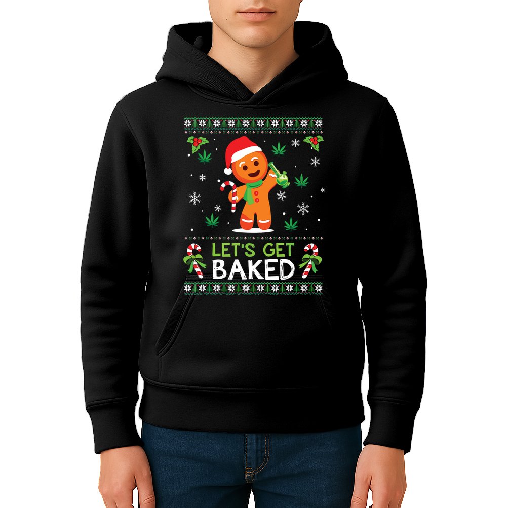 Lets Get Baked Ugly Sweater Weed Christmas Xmas Marijuana Kids Hoodie
