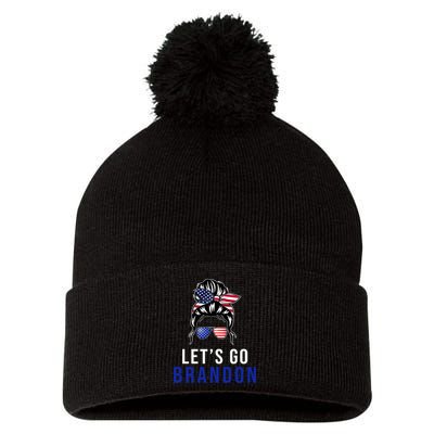 Let's Go Brandon Messy Bun Pom Pom 12in Knit Beanie
